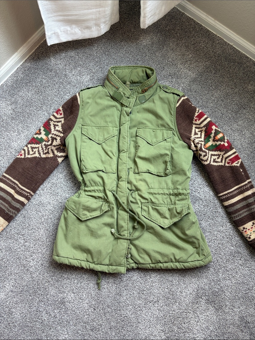 Green Utility Jacket with Patterned Knit Sleeves